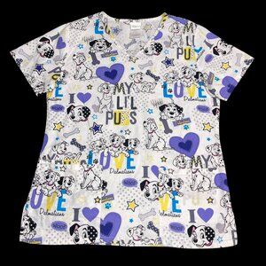 Disney 101 Dalmatian Scrub Top Womens Size XS White Purple Hearts Dog Lovers